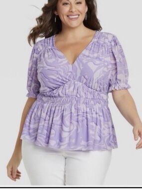 Ava & Viv Lavender Swirl Peplum V-Neck Blouse